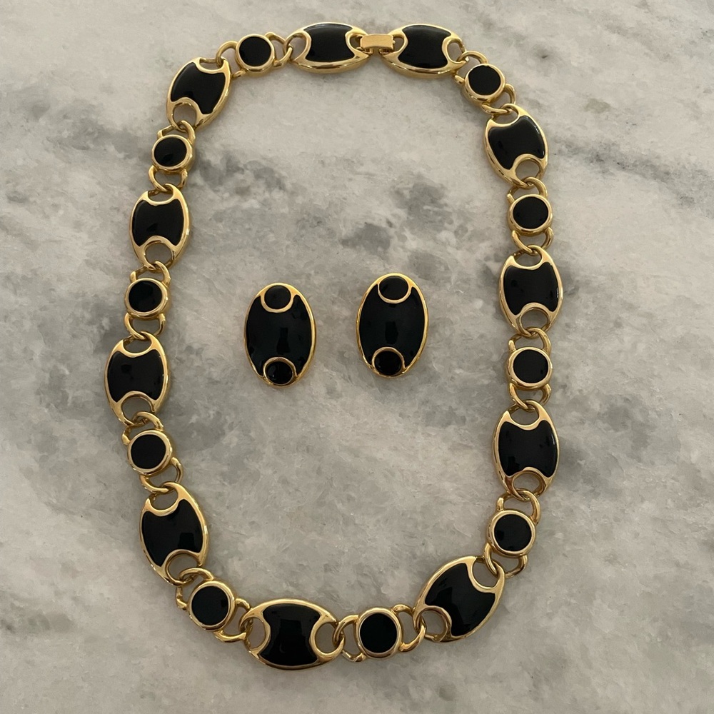 Vintage Estate Black Enamel and Gold Toned Necklace and Clip On Earrings Set